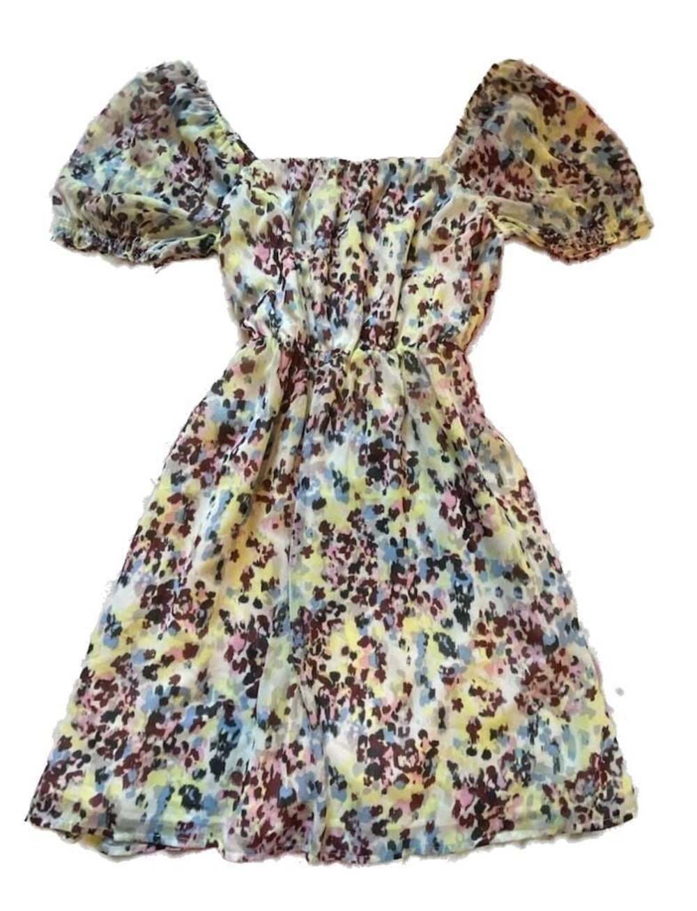 Babydoll Abstract Brushstroke Multicolor Pattern Puff Sleeve Mini Dress Large